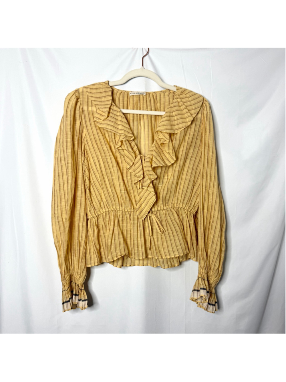 Ulla Johnson Kalali Striped Ruffle Long Sleeve Blouse, Yellow/Brown, Size 4